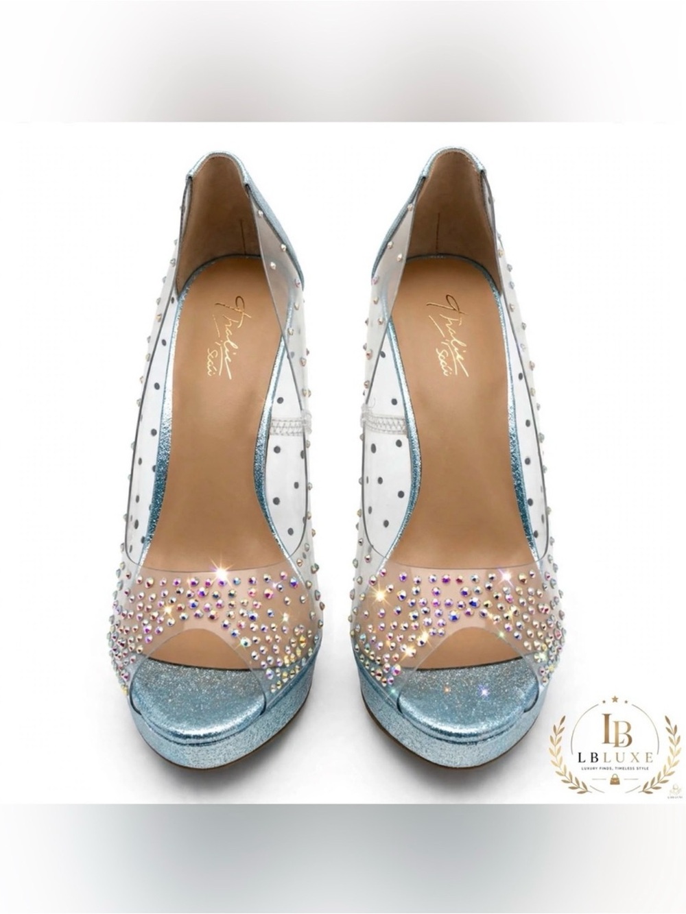 NIB Thalia Sodi Blue Shimmery Vinyl Peep Toe Pumps with Rhinestones Size 7.5